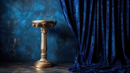 Aufkleber - A golden pedestal stands against a textured blue backdrop with curtain