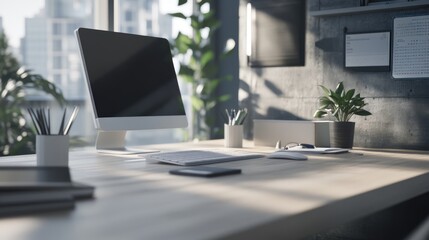 Poster - Minimalist workspace featuring a computer plants and office supplies