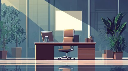 Poster - Cartoon office interior with desk chair computer and plants
