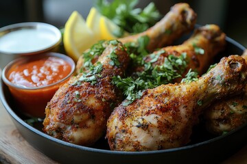 Poster - Crispy fried chicken drumsticks in a black bowl on a wooden board, surrounded by dipping sauces, lemon wedges, and fresh parsley.