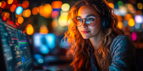 Poster - Woman With Headphones Using Computer for Content Creation in a Vibrant Digital Workspace Environment
