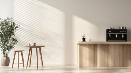 Poster - Bright interior with coffee station table and plant casting shadows
