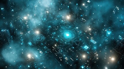 Poster - abstract futuristic cityscape with glowing details and atmospheric haze