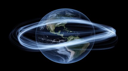 Poster - Earth with light trails circling it against black background