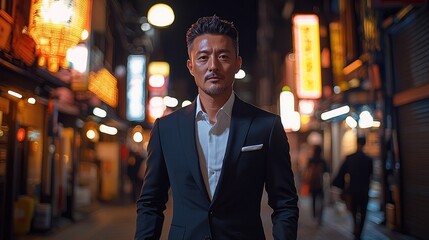 Poster - A Japanese entrepreneur in his early 50s, wearing a tailored black suit, walks confidently down a bustling Tokyo street at night. Neon signs glow around him as he strides forward with purpose.