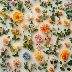 Poster - A light beige background with a variety of small flowers and green leaves arranged in a beautiful pattern. These flowers include small flowers of different colors.