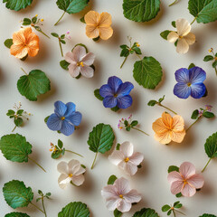 Poster - A light beige background with a variety of small flowers and green leaves arranged in a beautiful pattern. These flowers include small flowers of different colors.