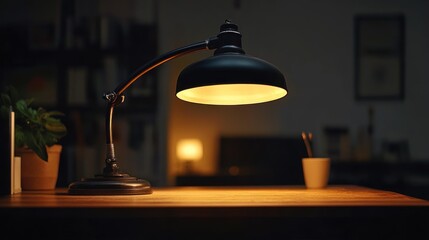 Poster - Illuminated Desk Lamp Illuminates Wooden Tabletop