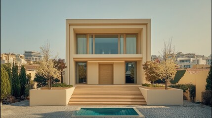 Aufkleber - A minimalist residential house, using materials such a stucco, wood and glass, clean lines.