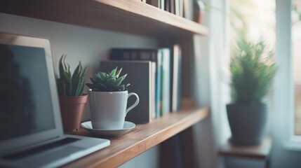 Poster - A laptop plants and books sit on a wooden shelf