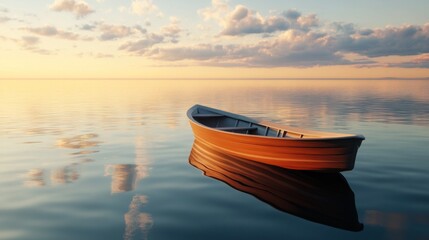 Canvas Print - An empty rowboat floats peacefully on calm water at sunset