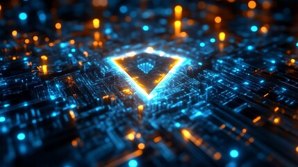 Illuminated Circuit Board Triangle with Orange and Blue Neon Glows