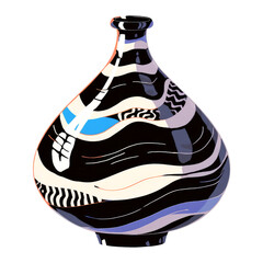 Aufkleber - decorative ceramic vase with abstract black, white, and blue patterns on transparency background. vase features unique, curvy shape with narrow neck, showcasing artistic design and vibrant colors