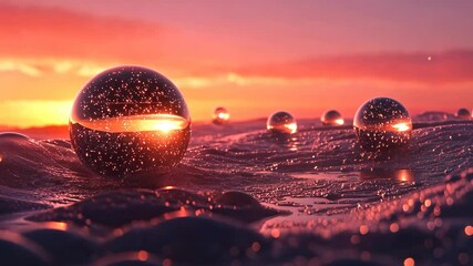 Wall Mural - Glowing spheres reflect sunset colors over a tranquil surface with gentle ripples