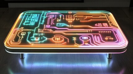 Poster - futuristic coffee table with glowing circuit board design in modern interior