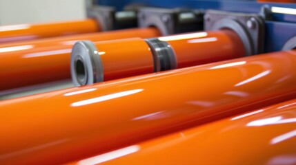 Poster - Orange cylindrical rollers rotating on a blue industrial machine