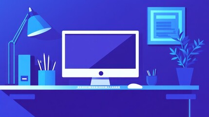 Poster - Stylized computer setup with desk lamp and wall decoration