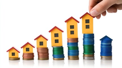 Poster - House prices increasing demonstrated by stacking coins with model houses