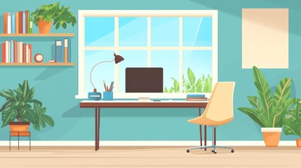 Poster - An indoor work space featuring a desk and plants