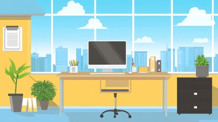 Poster - Brightly lit office space with city view and desk