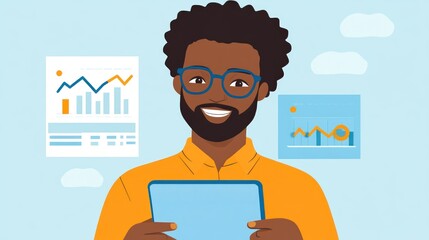 Poster - Man holding a tablet with data charts around him
