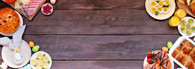 Aufkleber - Easter breakfast or brunch double border. Top view on a dark wood banner background. Breads, quiche and a variety of spring food items. Copy space.