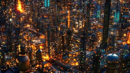 Poster - Nighttime Aerial View Of An Illuminated Industrial Refinery Complex