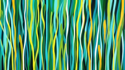 Poster - Abstract painting of wavy vertical lines in vibrant greens yellows and blues