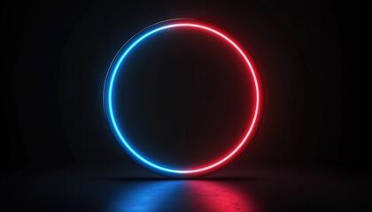 Poster - Abstract Geometric Rendering With Neon Glow Circle: Red Blue Laser Ring In Dark Tunnel - Futuristic Wallpaper Design.