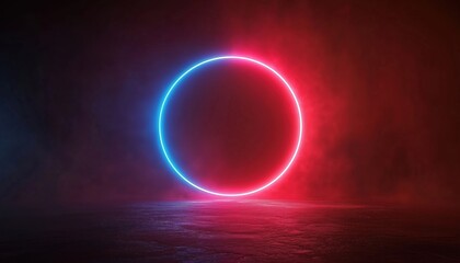 Aufkleber - Abstract Geometric Rendering With A Glowing Neon Circle And A Red-Blue Laser Ring At The End Of A Dark Tunnel, Creating A Futuristic Wallpaper.