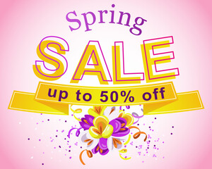 banner spring 50% discount on pink background with flowers template for banner, poster, coupon