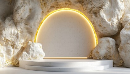 Poster - Modern Showcase Scene Featuring Cobbled Rock Stones And A Golden Arch On A Pastel Background, Ideal For Product Presentations With An Empty Podium.