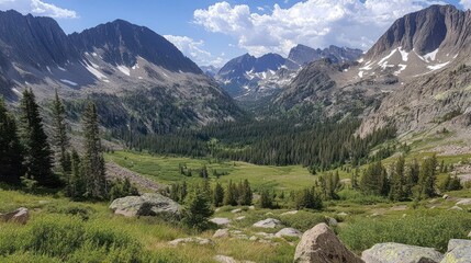 Canvas Print - Rocky mountain valley filled with dense green forest and meadow