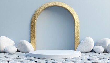 Poster - Modern Showcase Scene With Empty Podium Featuring Cobble Rock Stones, Golden Arch, And Abstract Pastel Background For Product Presentation.