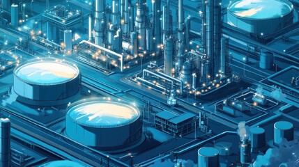 Poster - Nighttime View of an Active Petroleum Refinery Complex
