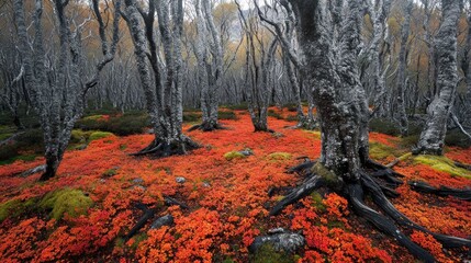 Poster - Ethereal forest floor covered in vibrant red foliage
