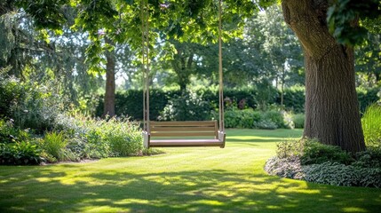 Poster - Tree swing hangs invitingly in a tranquil and lush garden