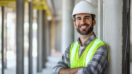 Construction Site Confidence: A confident construction worker, adorned in a safety vest and helmet, leans against a concrete pillar, radiating positivity and determination.