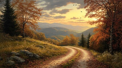 Poster - A winding path through the autumn mountains at sunset