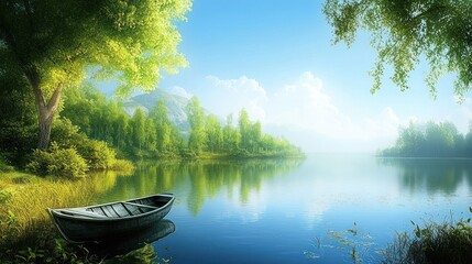Poster - Tranquil lake scene featuring a small boat on the shore