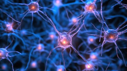 Poster - Detailed Microscopic View of Neurons with Vibrant Blue and Orange Lighting