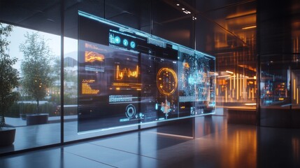 Poster - Futuristic data visualization interface in a modern office setting