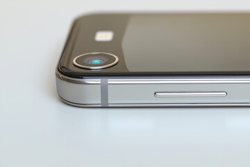 Poster - a detailed close-up of a silver smartphone featuring a camera lens and a sleek, modern design, prese