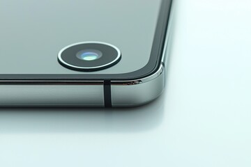 Poster - a macro shot capturing the corner of a sleek silver smartphone, focusing on the camera lens and poli