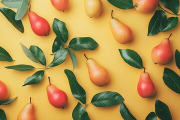 Wall Mural - Pears and leaves on a yellow backdrop