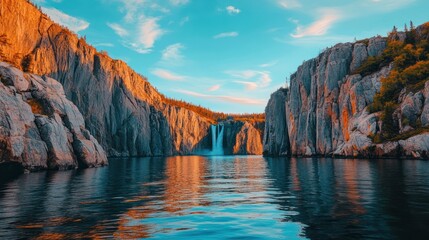 Canvas Print - Waterfall surrounded by cliffs with orange and blue skies