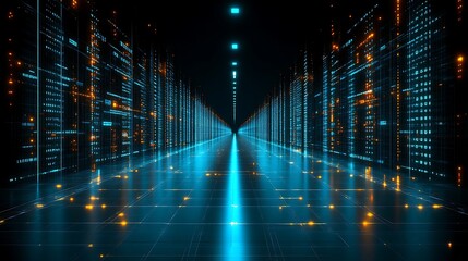 Poster - Abstract Digital Corridor with Data Streams and Reflective Floor