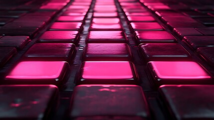 Poster - Crimson Array, A Grid of Illuminated Square Tiles in Deep Perspective
