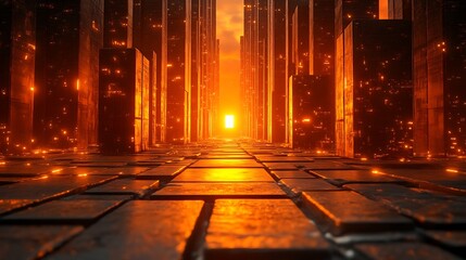 Poster - Cyberpunk Cityscape Illuminated by Intense Sunset Hues and Geometric Design