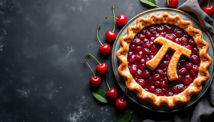 Pi Day cherry pie with a crusty Pi shaped cookie on top, standing on a blank black chalkboard surface with chalk marks and fresh cherries. March 14 Pi Day celebration theme. Banner, copy space